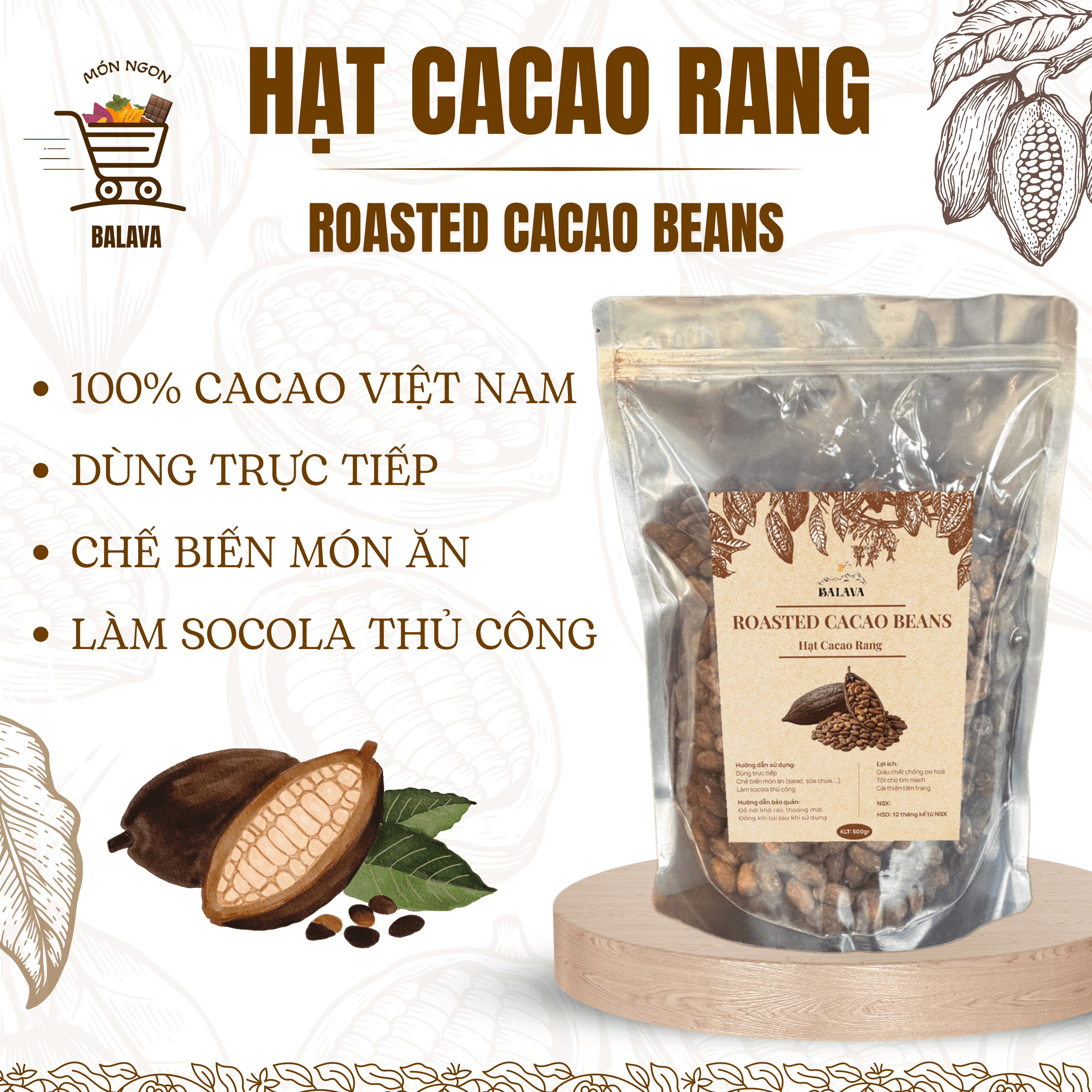 Hạt Cacao Rang Balava - Dinh Dưỡng Thuần Khiết 