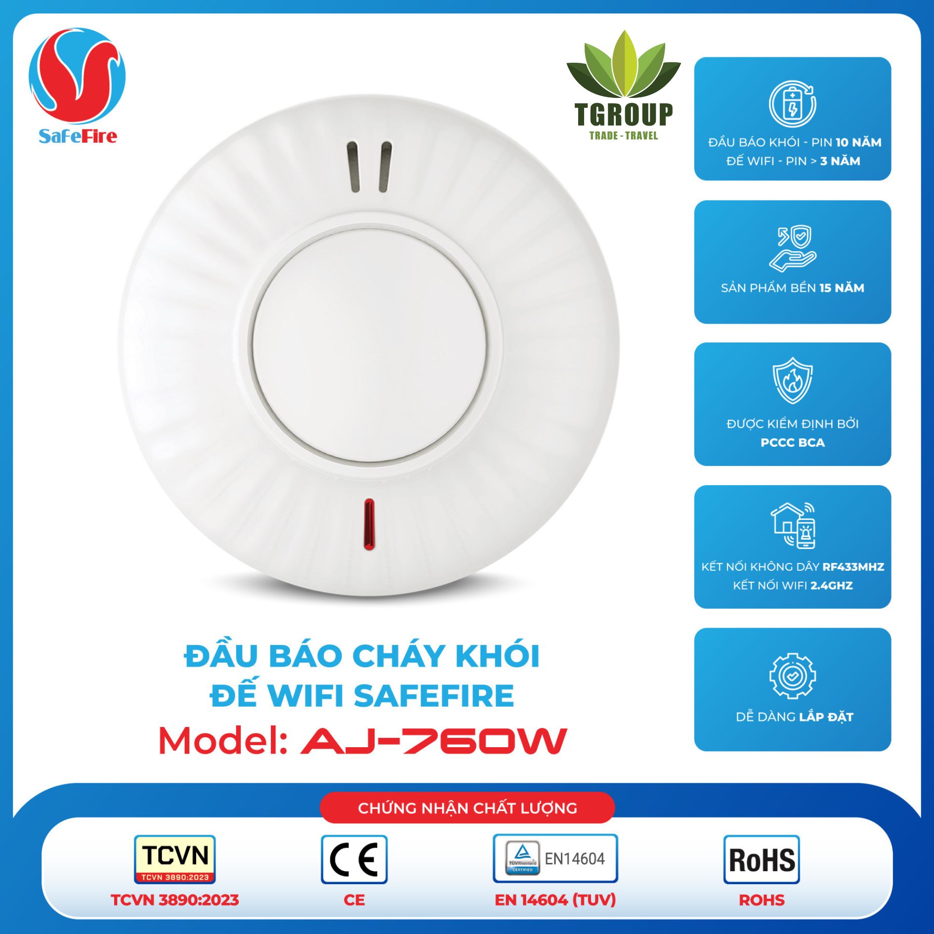 Đầu báo cháy khói liên động không dây kèm đế Wifi SafeFire AJ-760W