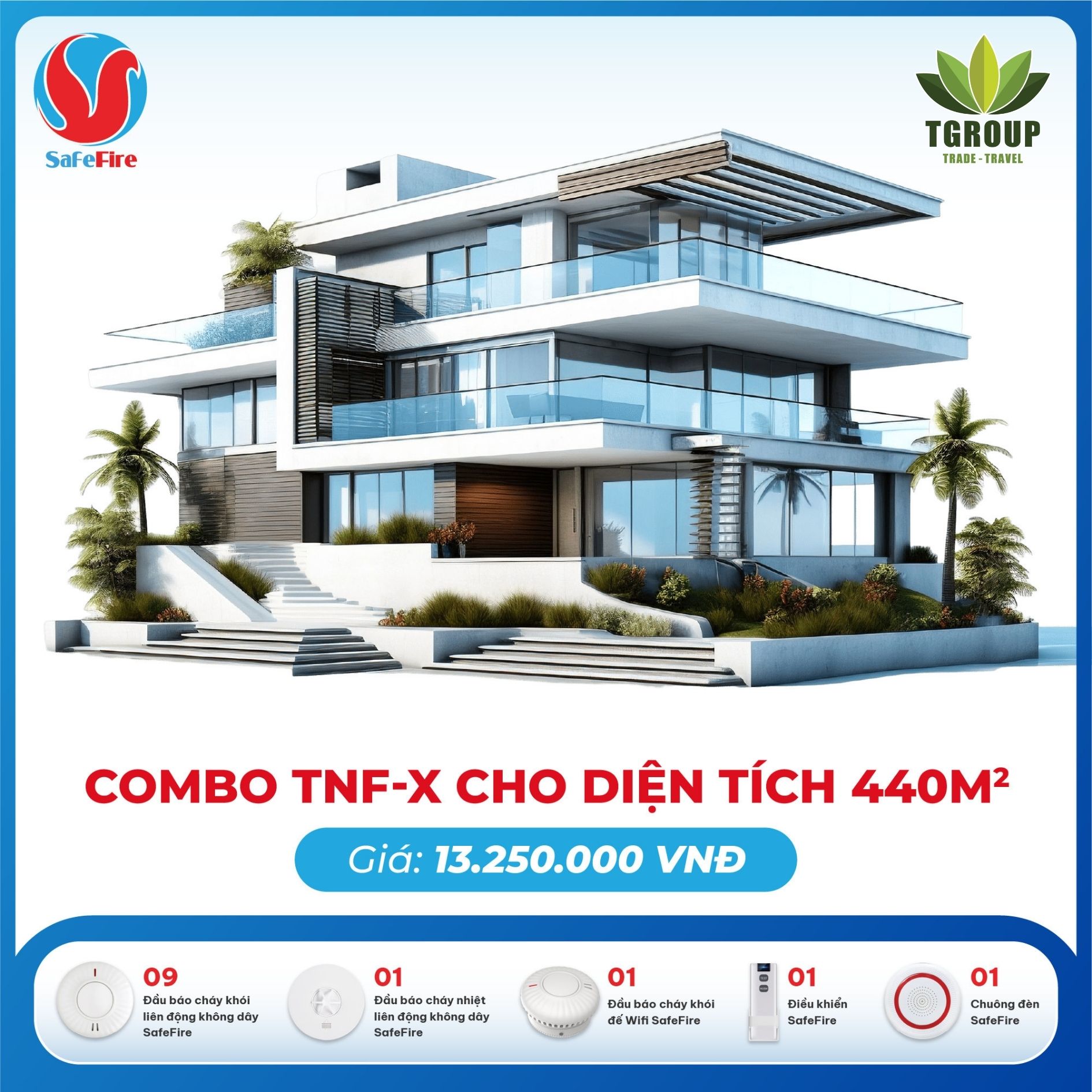 Combo thiết bị báo cháy không dây TNF-X cho diện tích 440m2
